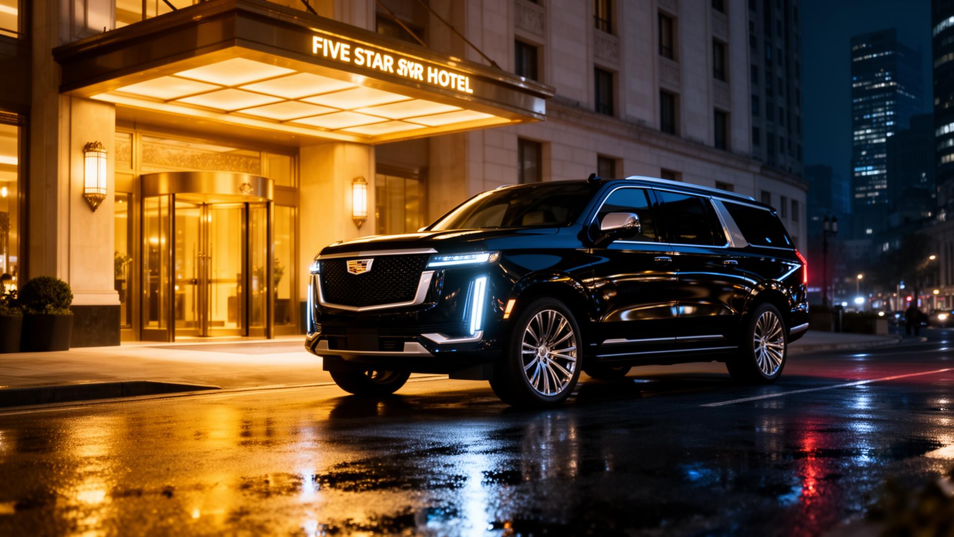 Black Cadillac Escalade IQ at a five-star hotel entrance at night