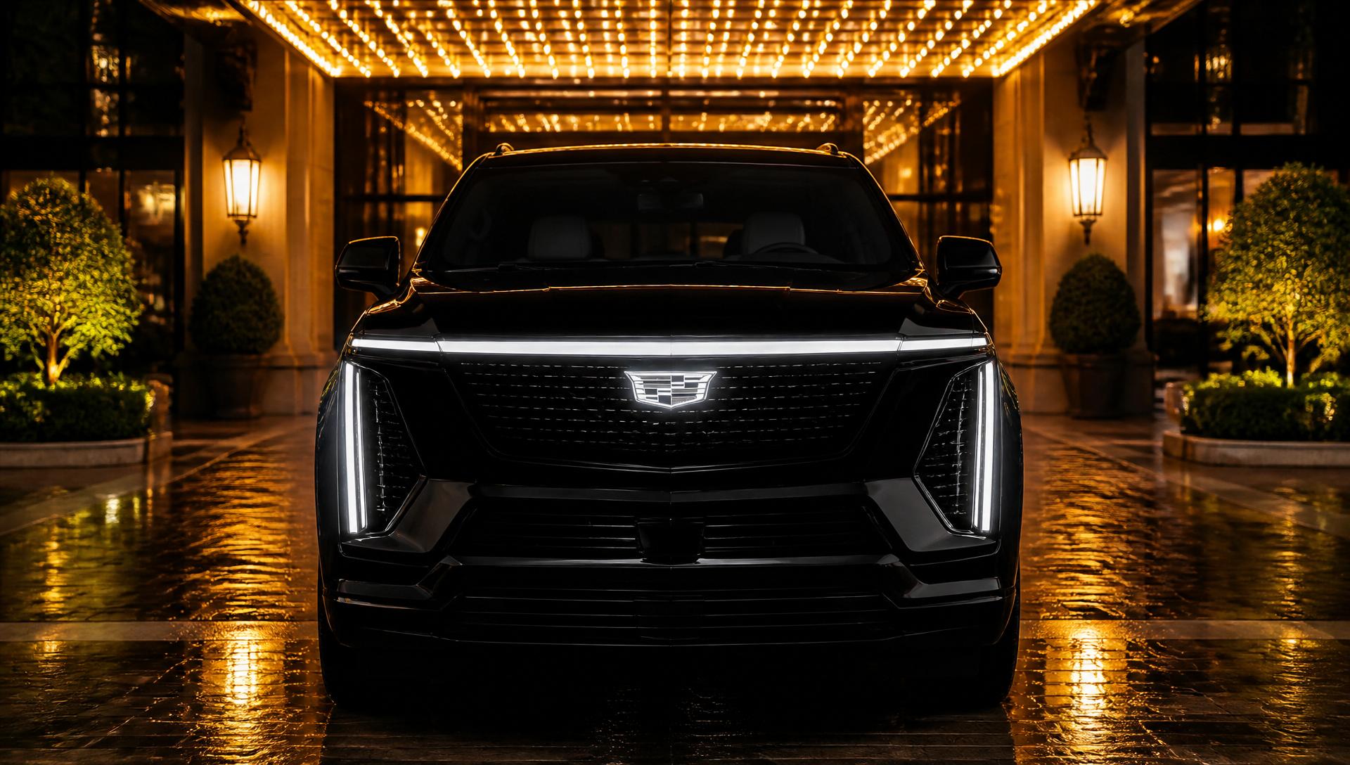 Front view of a black Cadillac Escalade IQ at a five-star hotel entrance at night